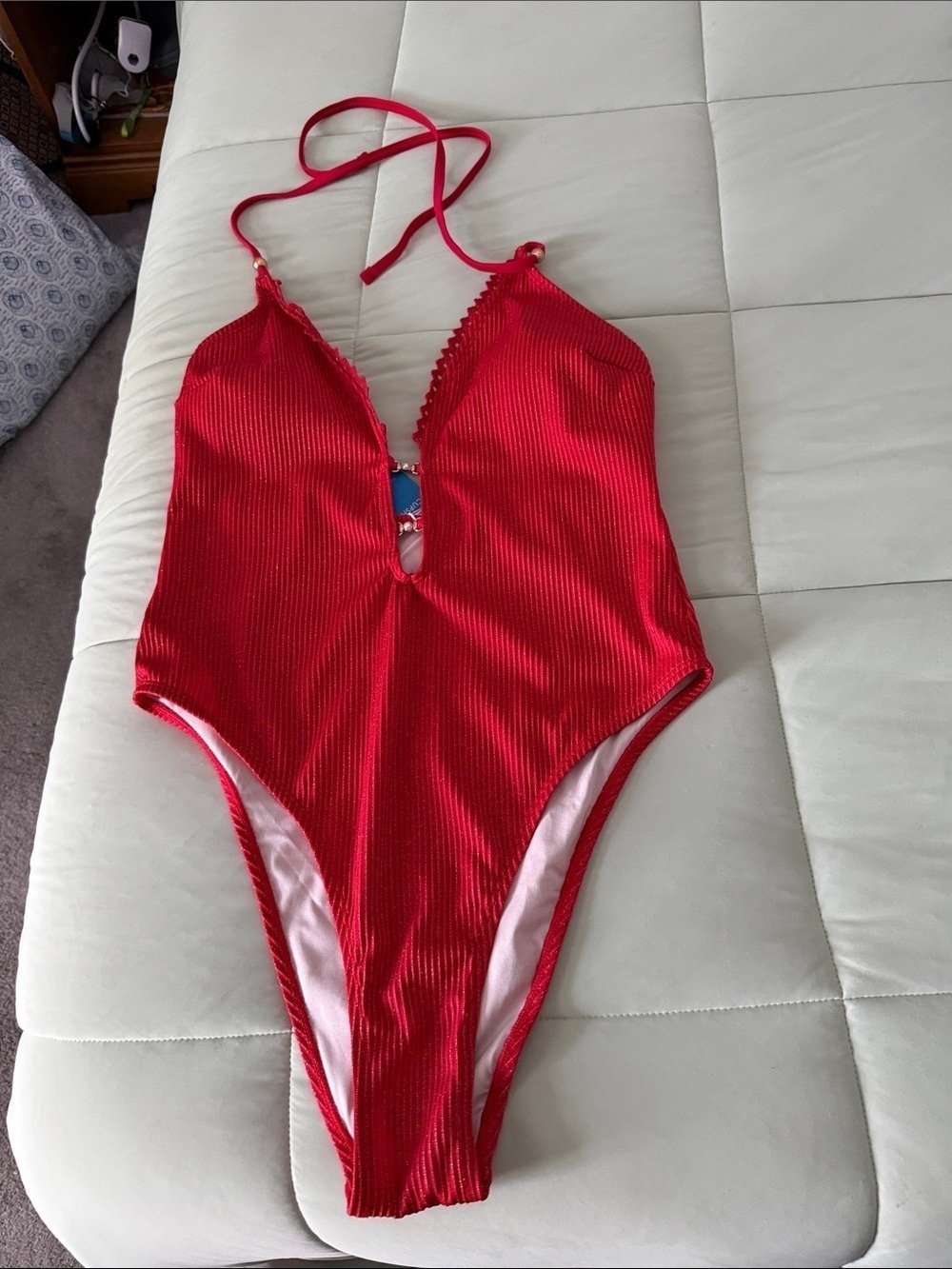 #0025 - Cupshe Red Ribbed Plunge One-Piece Swimsuit